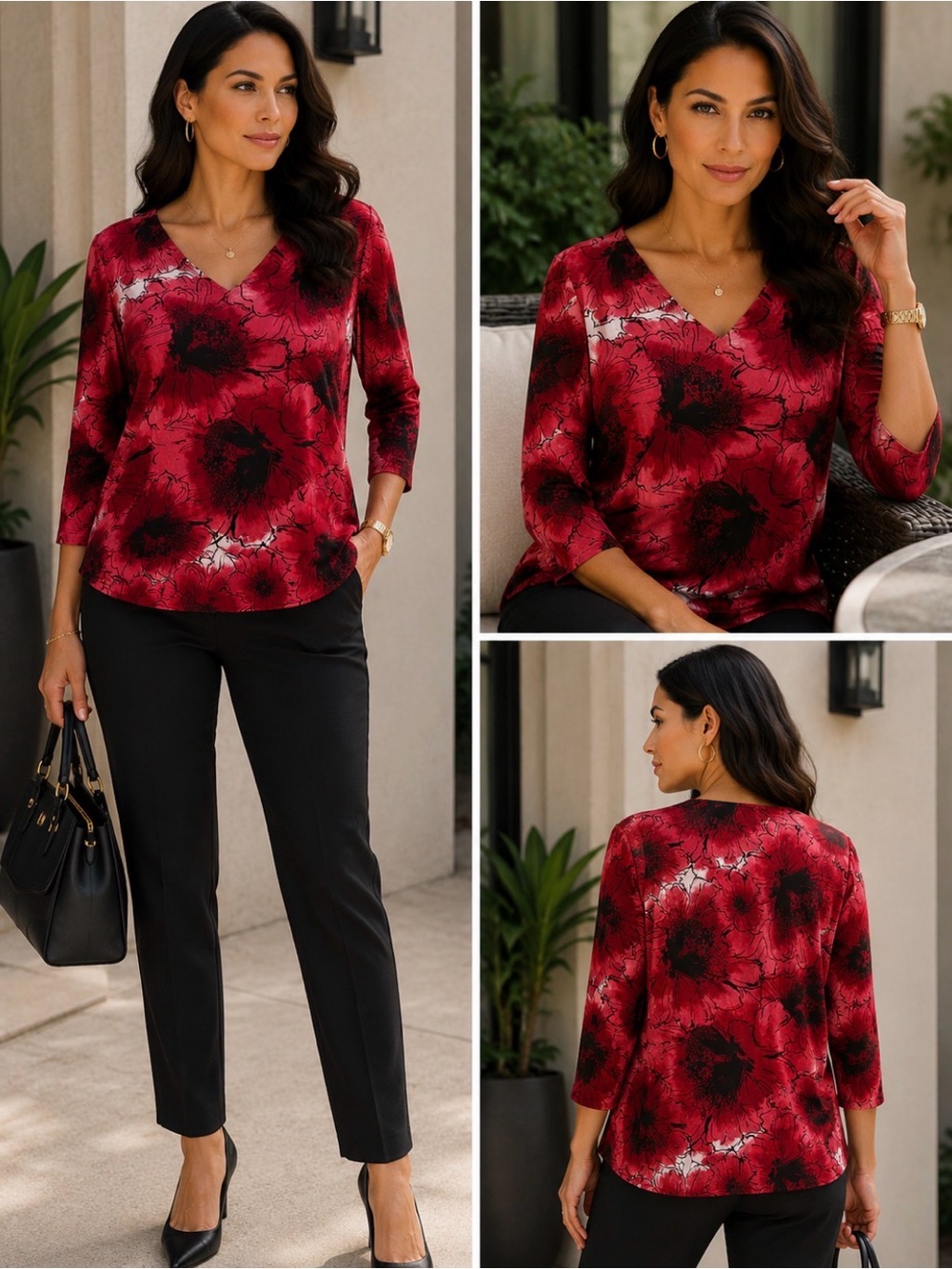 Chico’s Pink Floral V-Neck Top Size 3 XL Stretch Blouse